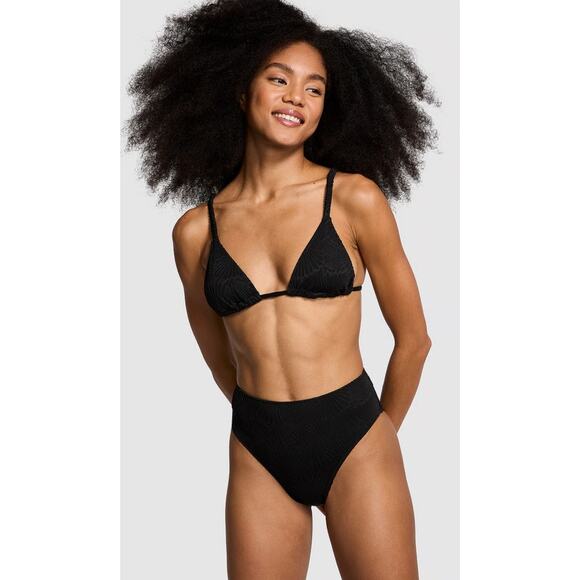 NWT VS PINK 2Pc Bikini Scrunchie Triangle Top & Hi Waist Bottom Black Shell Sz L - Picture 1 of 14